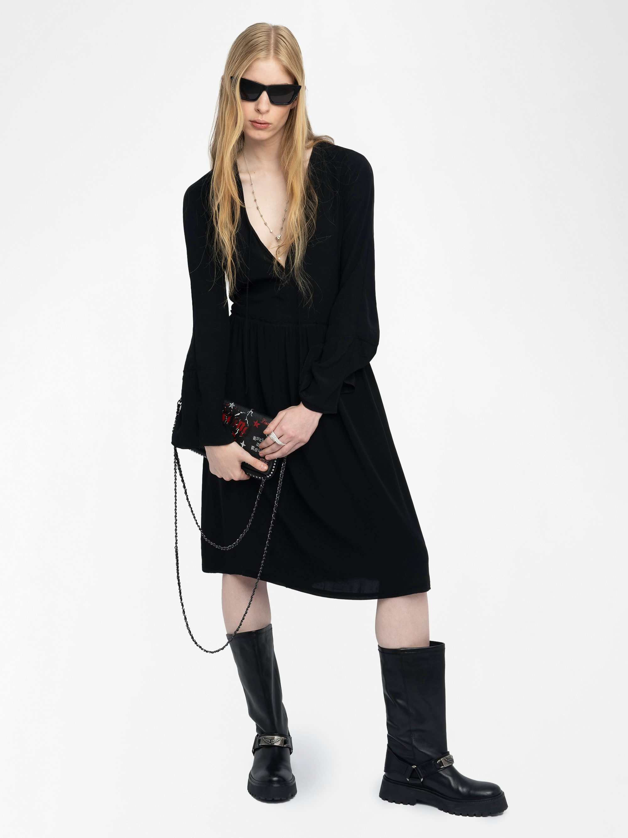 Rinas Dress - Mid-length dress in plain viscose, long sleeves, deep neckline with laced closure.